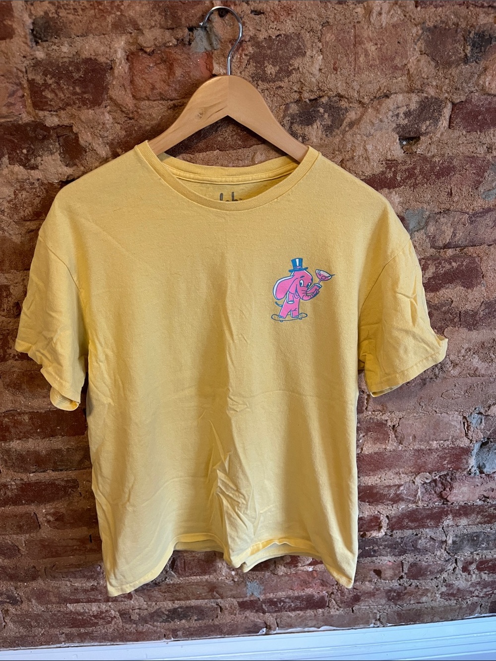 Men’s Yellow Short Sleeve Tee with Pink Elephant Graphic